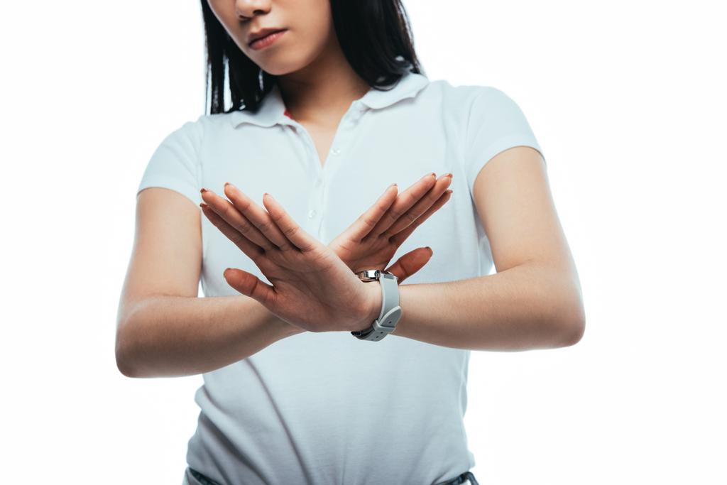 vue partielle de asiatique fille montrant aucun geste isolé sur blanc
 - Photo, image