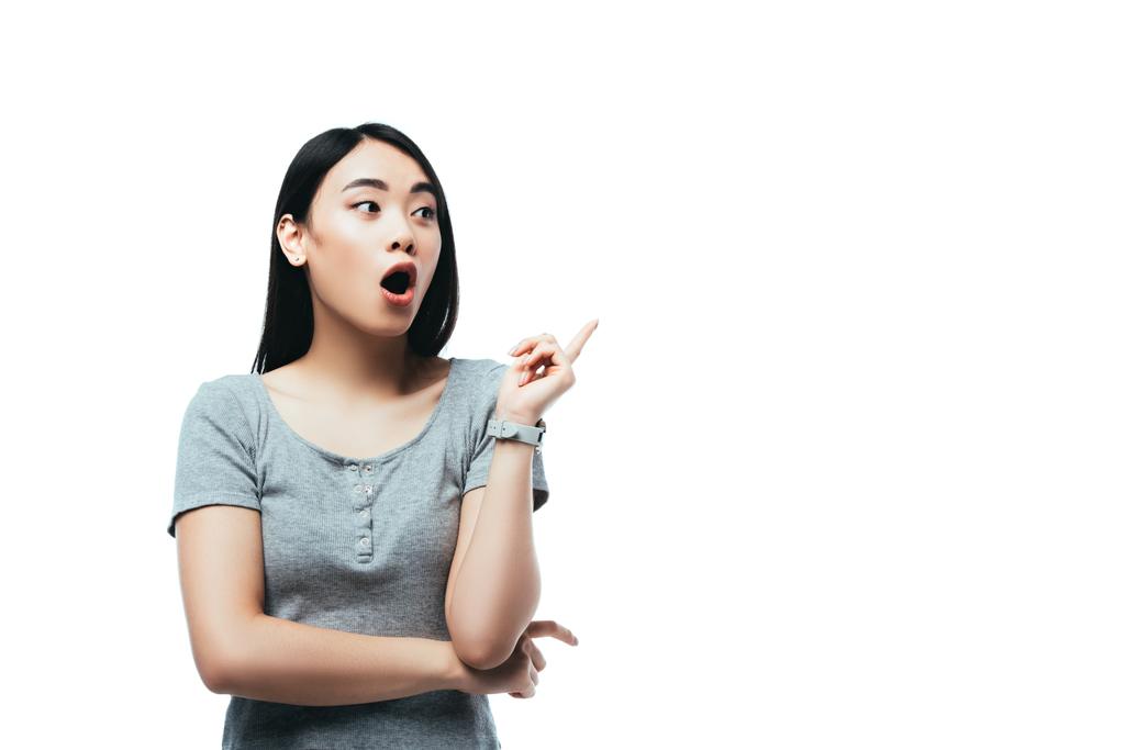 shocked asian girl with open mouth showing idea gesture isolated on white - Photo, Image
