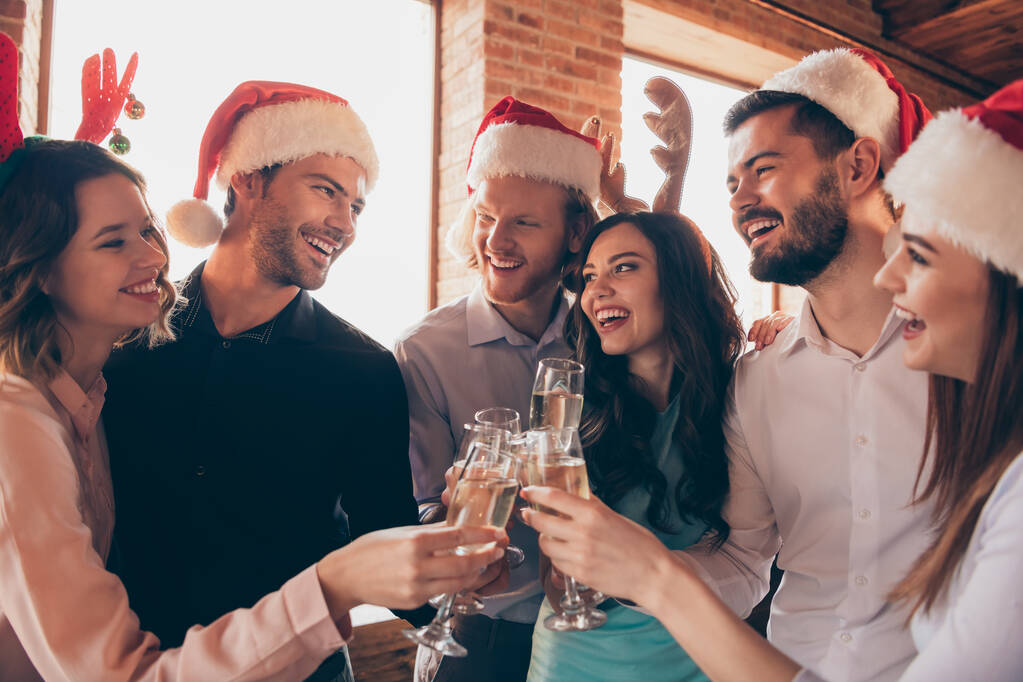 Close up photo new year winter december event six members company buddies ladies he guys wineglasses golden sparkling wine beverage wear dresses shirts formalwear hanging out loft room indoors - Photo, Image