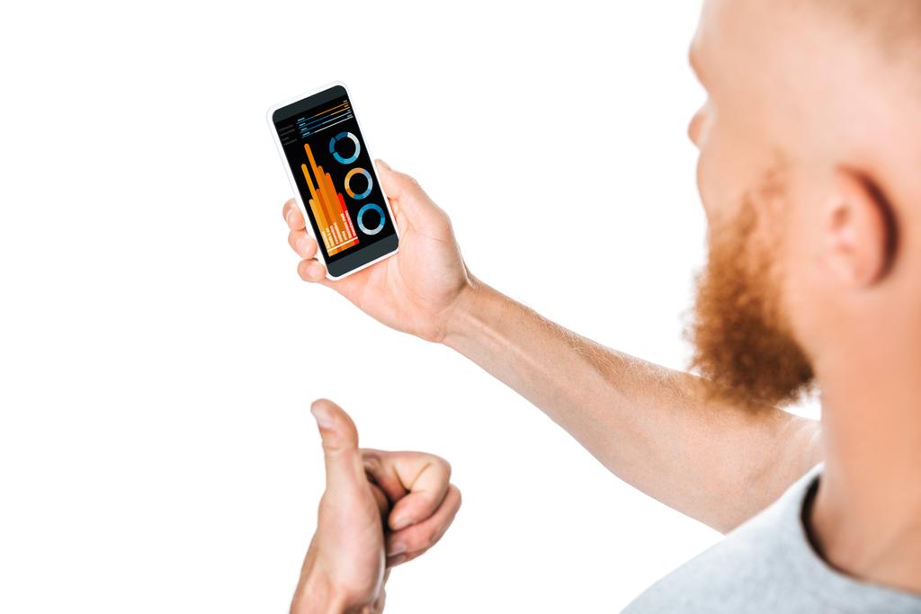 чоловік показує великий палець і дивиться на смартфон з додатком маркетингового аналізу, ізольований на білому
 - Фото, зображення