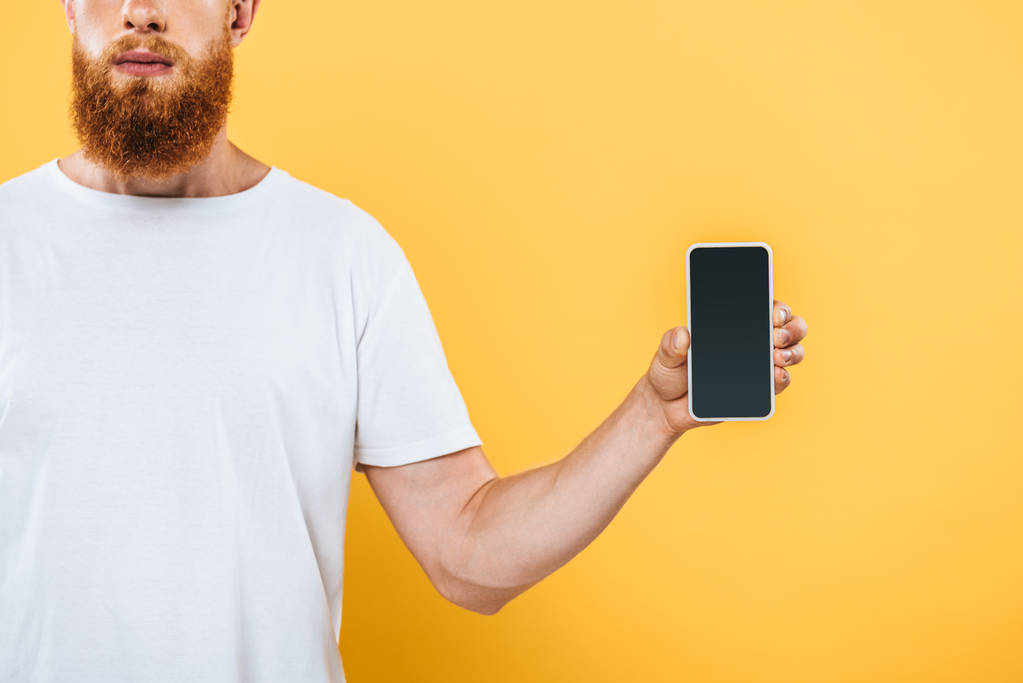 vista ritagliata dell'uomo che mostra smartphone con schermo vuoto, isolato su giallo
 - Foto, immagini