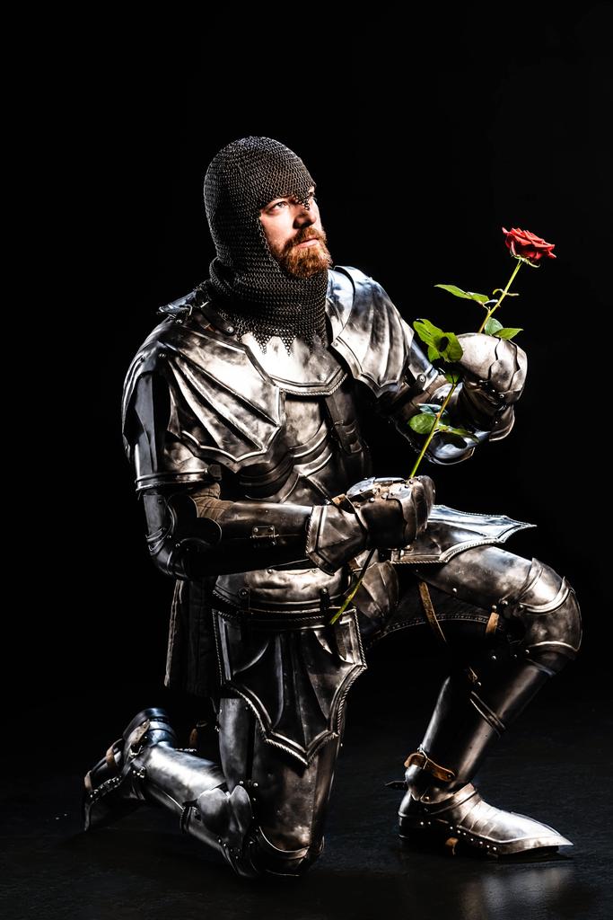 knappe ridder in harnas houden roos en buigen knie op zwarte achtergrond  - Foto, afbeelding