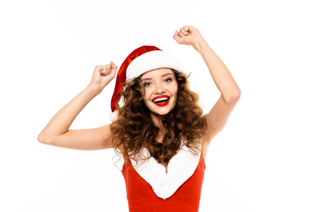 beautiful excited girl posing in santa costume, isolated on white - Photo, Image