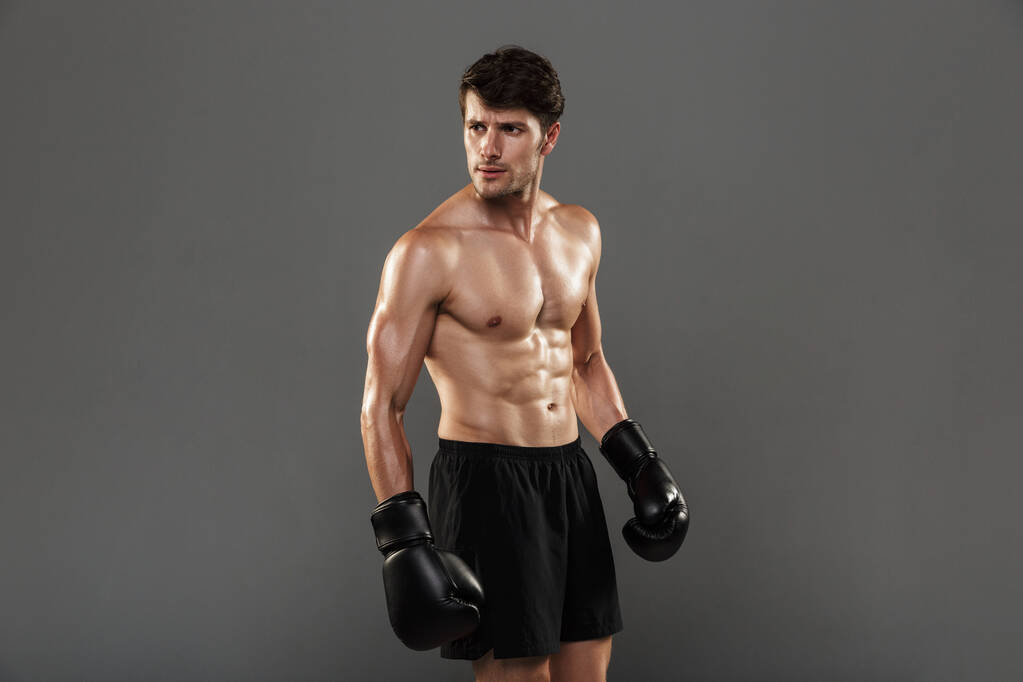 Koncentrált jóképű fiatal erős sportoló bokszoló kesztyűben pózol elszigetelt szürke fal háttér. - Fotó, kép