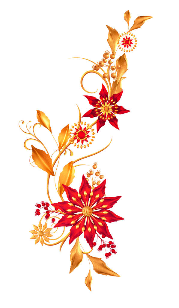 Arreglo floral, hojas y flores doradas estilizadas, bayas brillantes, rizos delicados, elementos paisley, aislados sobre un fondo blanco. renderizado 3d
 - Foto, imagen