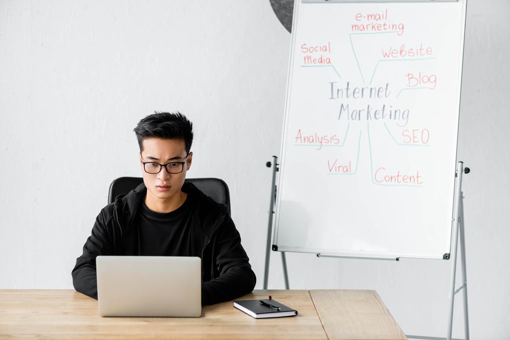 Ασιάτης διευθυντής SEO σε γυαλιά κάθεται κοντά flipchart με γράμματα μάρκετινγκ Διαδικτύου και τη χρήση laptop  - Φωτογραφία, εικόνα
