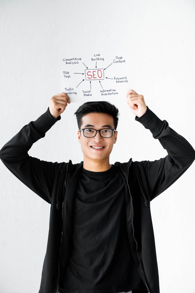 glimlachende aziatische seo manager vasthouden papier met concept woorden van seo  - Foto, afbeelding