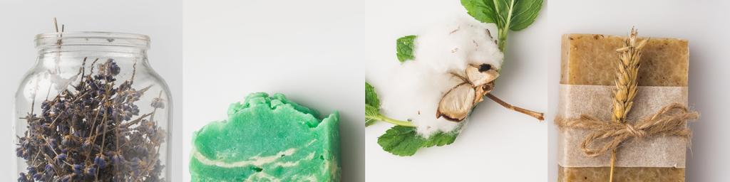 колаж сушеної трави в скляній банці, органічне мило і бавовняна квітка на білому тлі
 - Фото, зображення