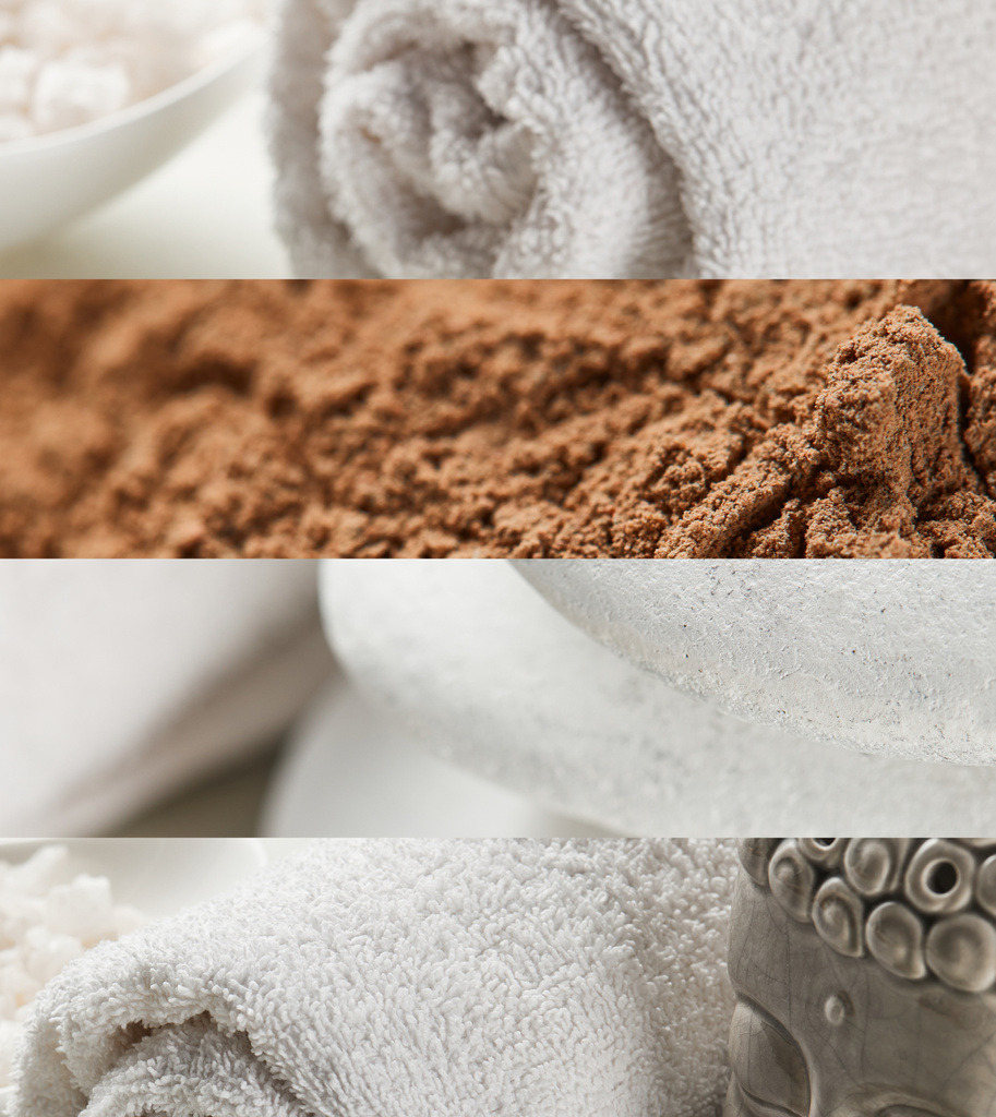collage de piedras de spa, toallas de algodón, arcilla marrón y estatuilla de Buda
 - Foto, Imagen