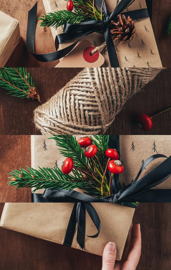 kolaż dekorowanych świątecznych prezentów na drewnianym tle - Zdjęcie, obraz