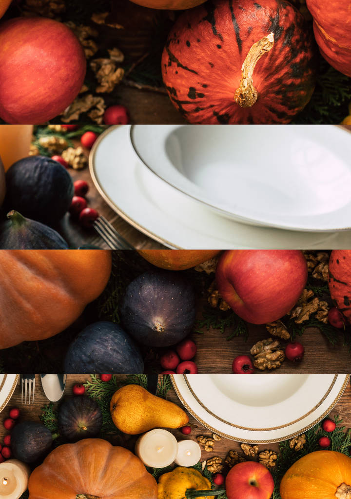 カボチャ、リンゴ、ナッツ、イチジク、感謝祭のテーブルセッティングの間の白いセラミックプレートのコラージュ - 写真・画像