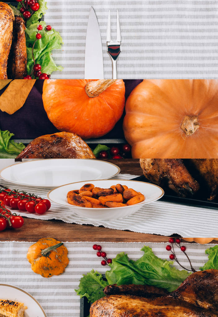 collage of pumpkins and baked turkey served on striped tablecloth, Thanksgiving festive table setting - Photo, Image