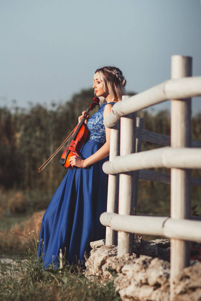 πορτρέτο ενός όμορφου κοριτσιού σε ένα μακρύ φόρεμα με ένα βιολί κοντά σε ένα ξύλινο βαμμένο φράχτη, μια νεαρή γυναίκα περπατά με ένα μουσικό όργανο σε εξωτερικούς χώρους - Φωτογραφία, εικόνα
