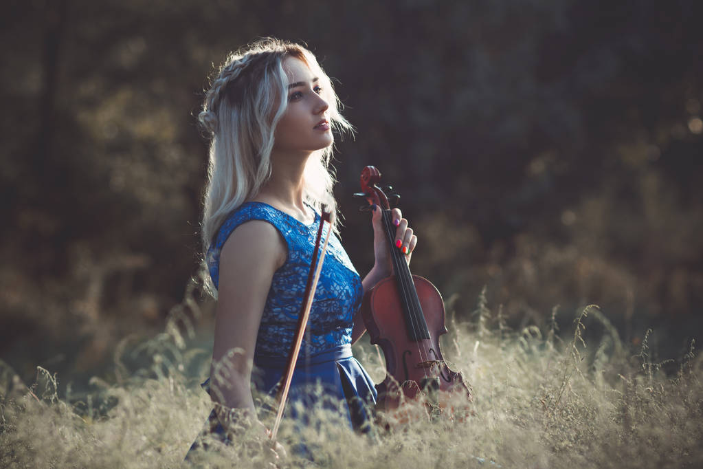 夜明けに草原の乾いた草の中に座っているバイオリンのドレスを着た若い素晴らしい美しい女の子の肖像画、自然をリラックスしたインスピレーションを持つ楽器を演奏する女性 - 写真・画像