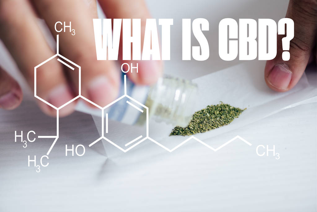 bijgesneden beeld van de mens maken joint van medische cannabis met wat is Cbd illustratie - Foto, afbeelding