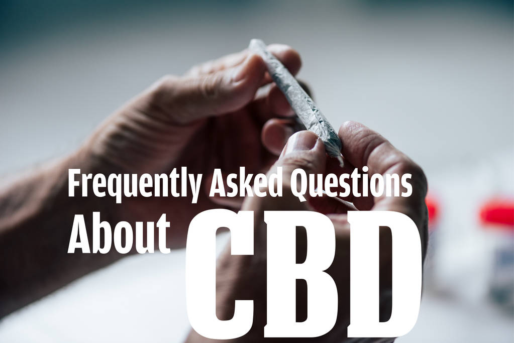 cropped view of man holding blunt of medical cannabis with frequently asked questions about cbd illustration - Photo, Image