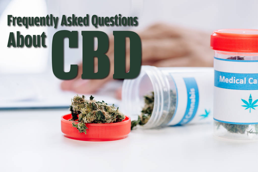 selective focus of bottle with medical cannabis near doctor with frequently asked questions about cbd illustration - Photo, Image
