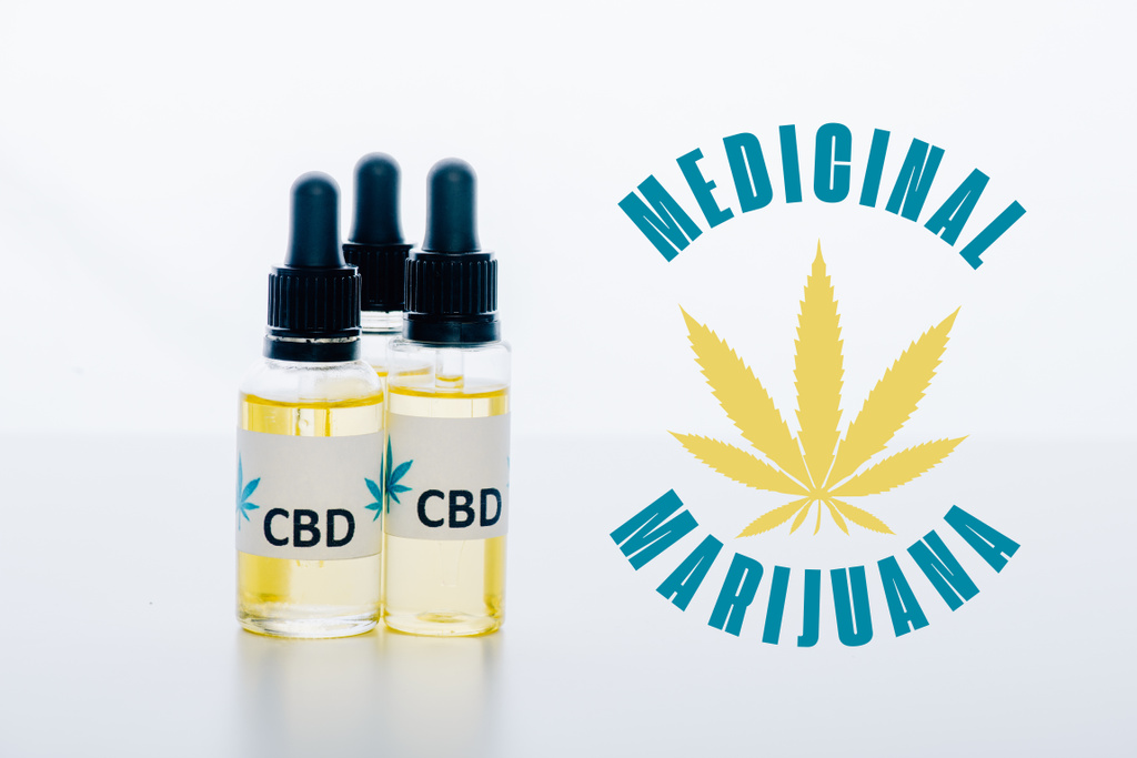 cbd oil in bottles isolated on white with medicinal marijuana illustration - Photo, Image