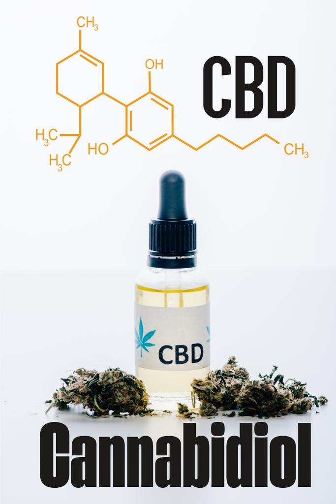 huile de cbd en bouteille près des bourgeons de marijuana médicale isolés sur blanc avec illustration de molécule de cbd
 - Photo, image