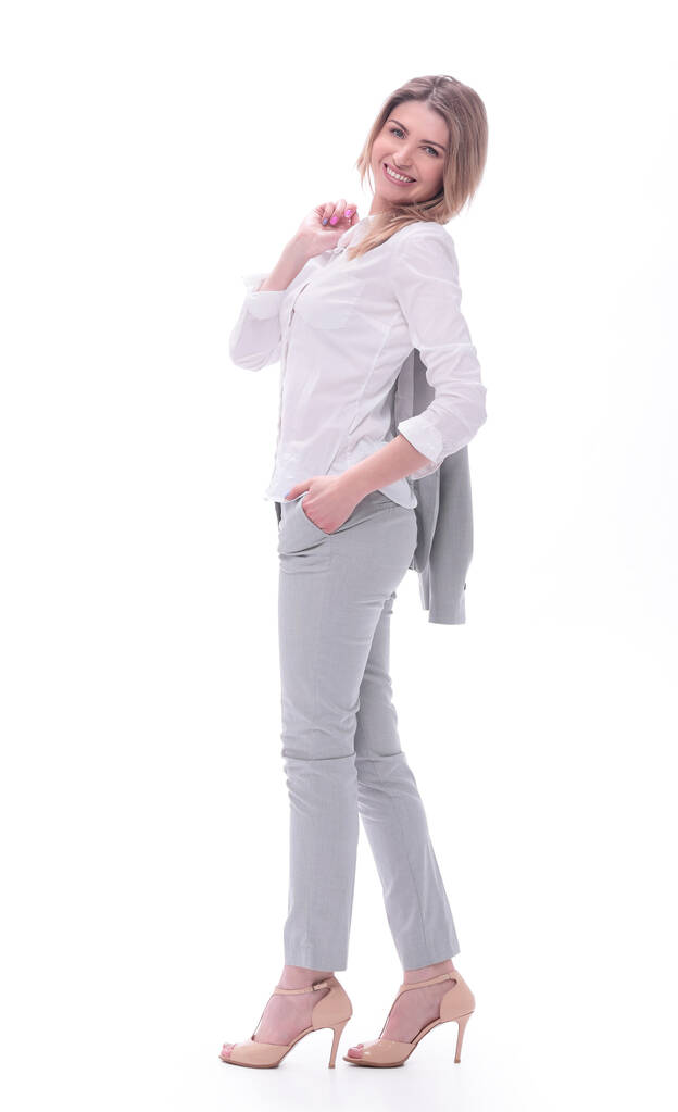 giovane donna d'affari con una giacca sulle spalle. isolato su bianco
 - Foto, immagini