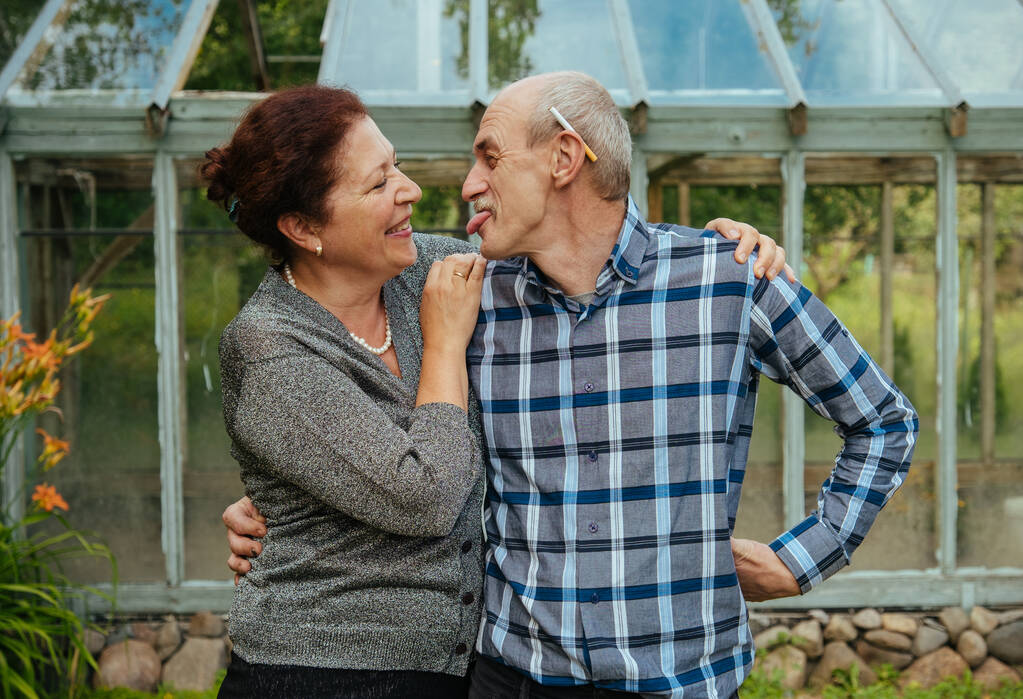 Souriant charmant vieux couple heureux en face d'une serre en verre près de la maison d'été
 - Photo, image