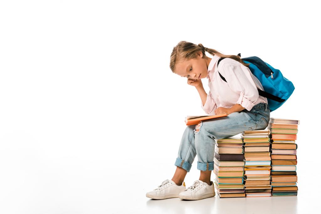 lindo escolar sentado en los libros y la lectura en blanco
  - Foto, Imagen