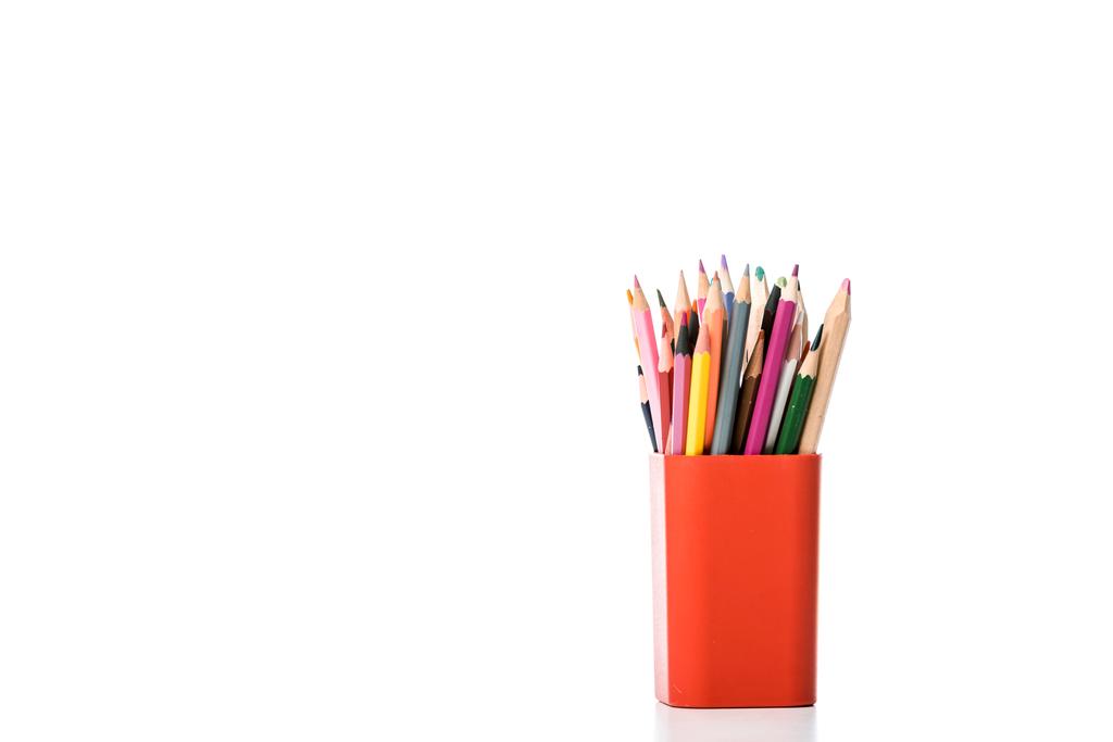 pen holder with multicolored pencils on white  - Photo, Image