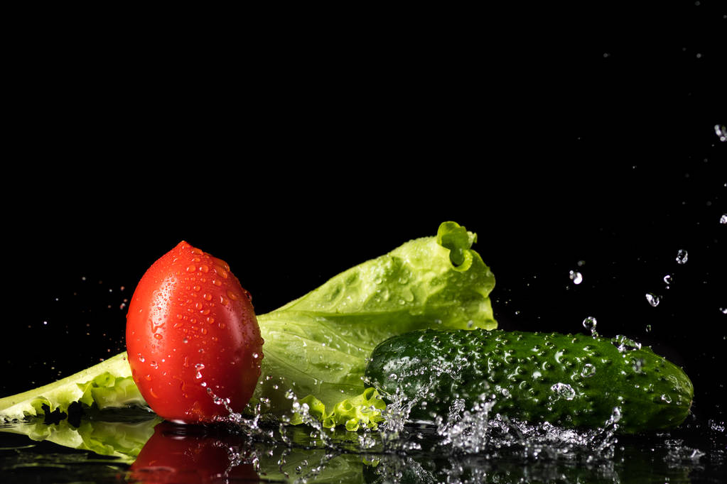 свіжі овочі з краплями води на чорному фоні, коридор, огірок, болгарський перець, цибуля, зелень
 - Фото, зображення
