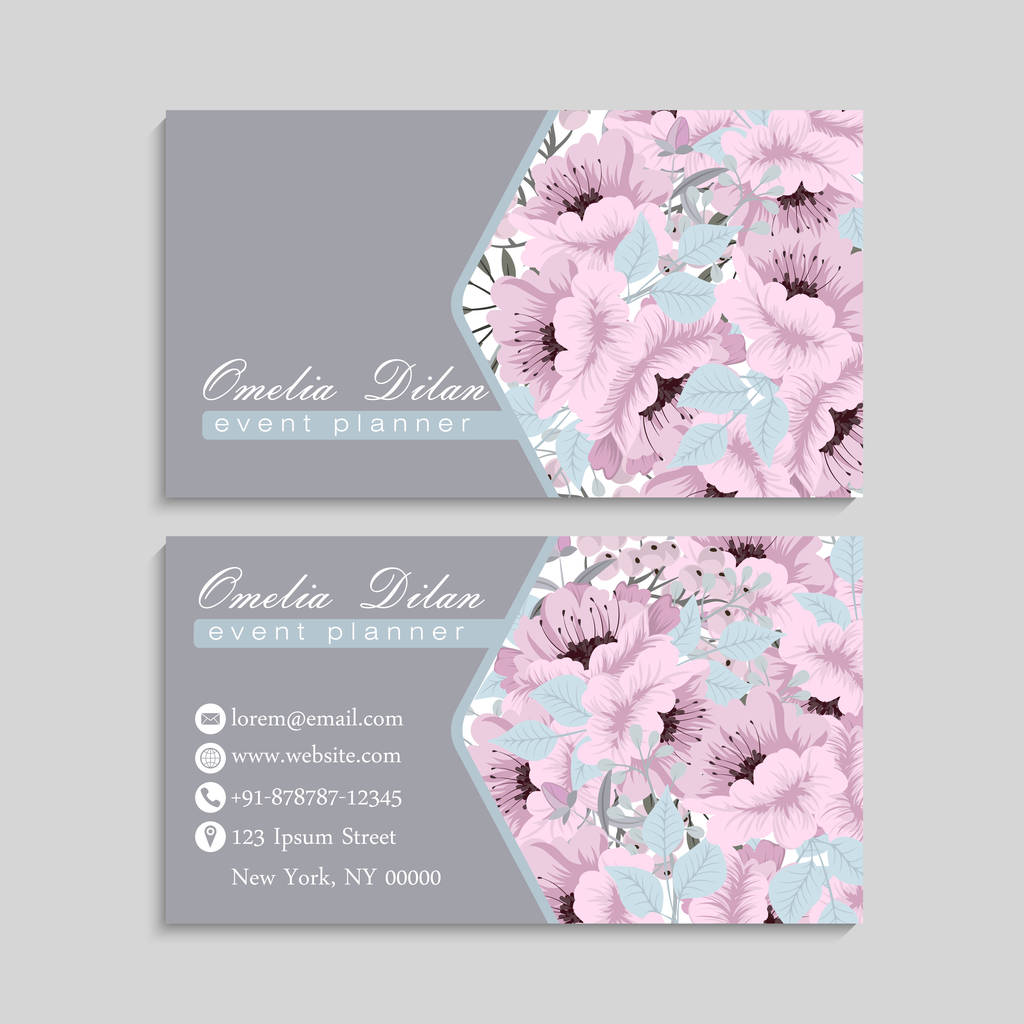 Pink and grey business card template with flowers - Vector, Image