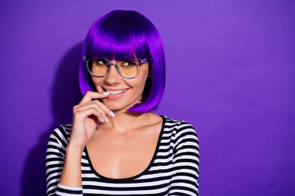 Photo of amazing lady curious about new gossip wear bright wig striped pullover isolated purple background - Photo, Image