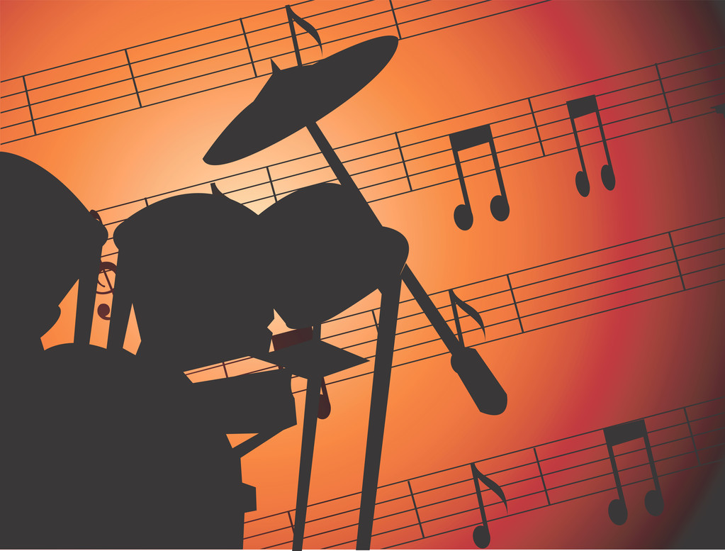 Jazz drums with music notes - Vector, Image