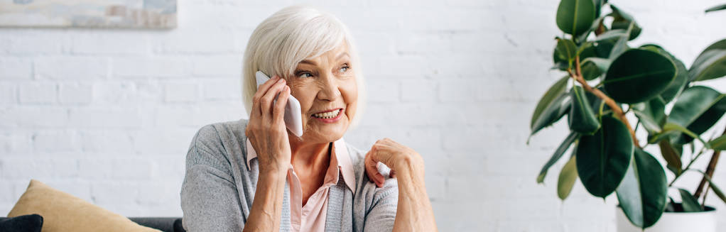 plano panorámico de la mujer mayor sonriente hablando en el teléfono inteligente en apartamento
  - Foto, Imagen