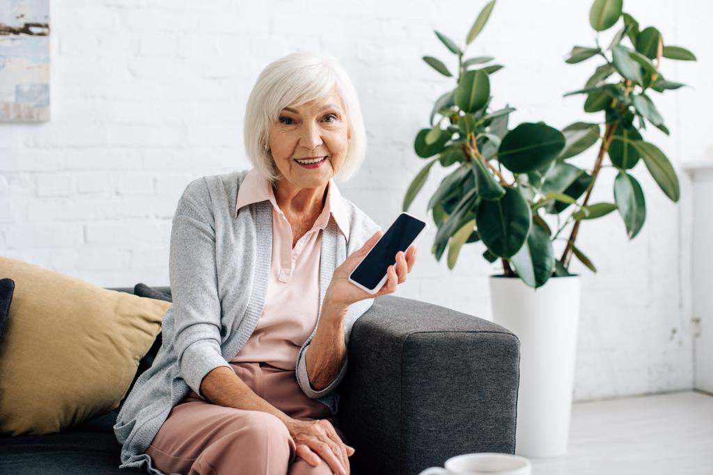 mujer mayor sonriente sentada en el sofá y sosteniendo el teléfono inteligente en el apartamento
  - Foto, Imagen