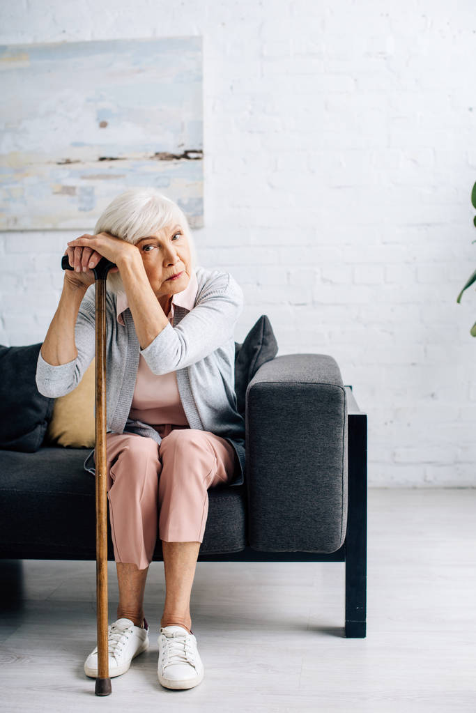 Seniorin mit Holzstock blickt in Wohnung in Kamera  - Foto, Bild
