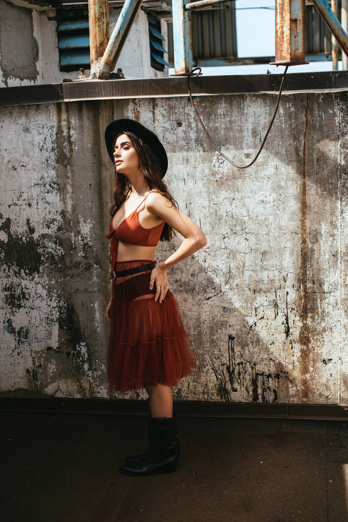 atractiva chica elegante posando en falda roja, sujetador y sombrero en el techo
 - Foto, Imagen