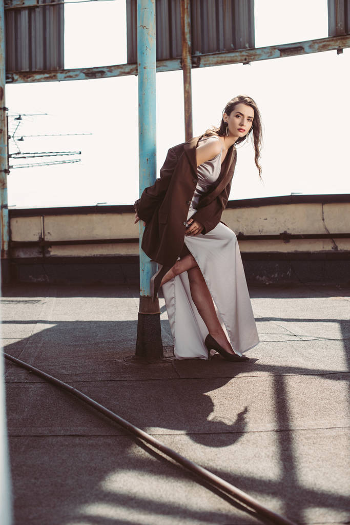 muodikas tyylikäs tyttö poseeraa silkki mekko ja ruskea takki katolla
 - Valokuva, kuva