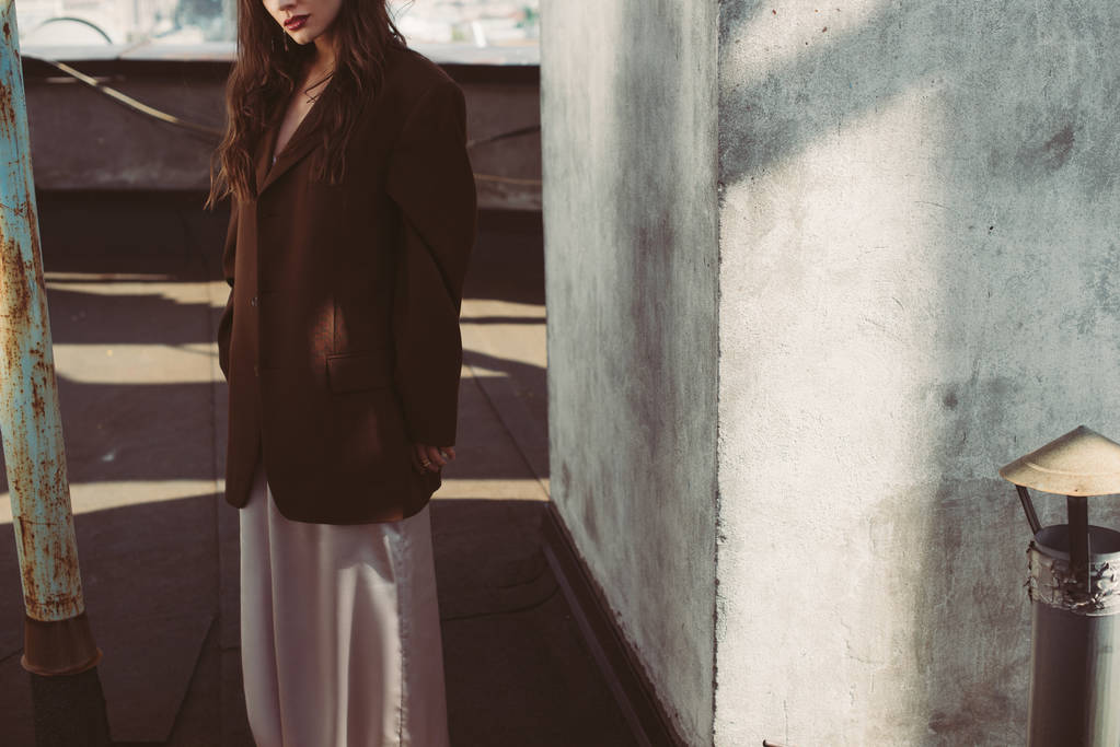 vista recortada de modelo elegante posando en vestido de seda y chaqueta marrón en el techo
 - Foto, imagen