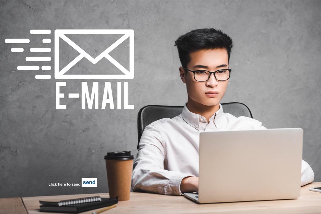 asian seo manager using laptop and sitting near e-mail illustration - Photo, Image