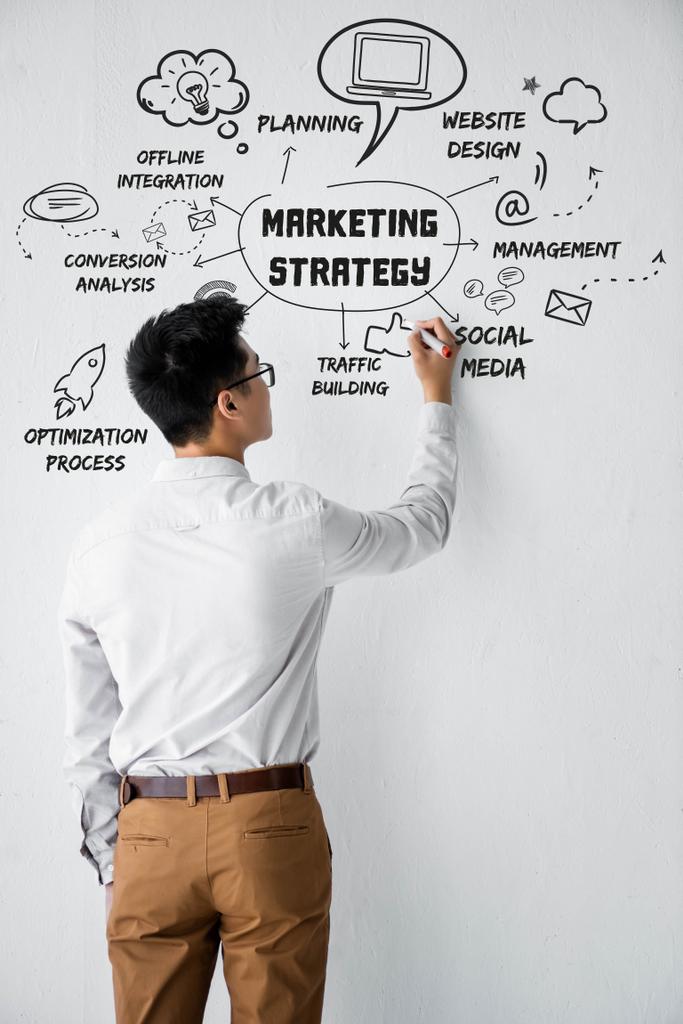 Обратный вид SEO менеджер писать на стене с иллюстрацией с концептуальными словами маркетинговой стратегии иллюстрации
 - Фото, изображение