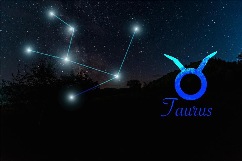 dark landscape with night starry sky and Taurus constellation - Fotoğraf, Görsel
