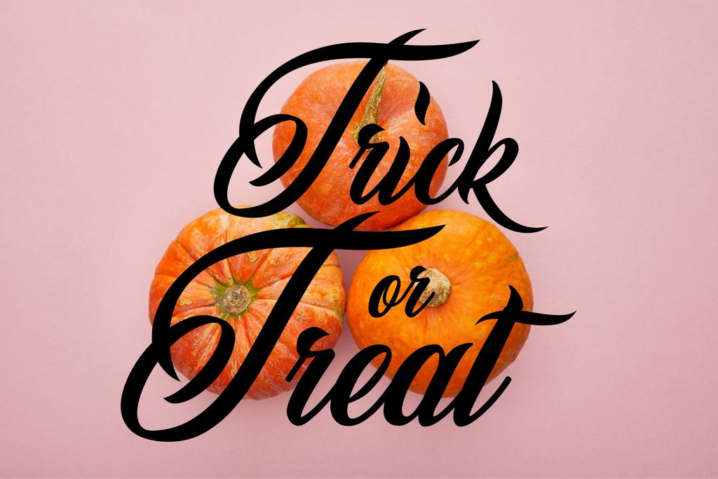 vista superior de la calabaza sobre fondo rosa con truco o tratar ilustración, decoración de Halloween
 - Foto, Imagen