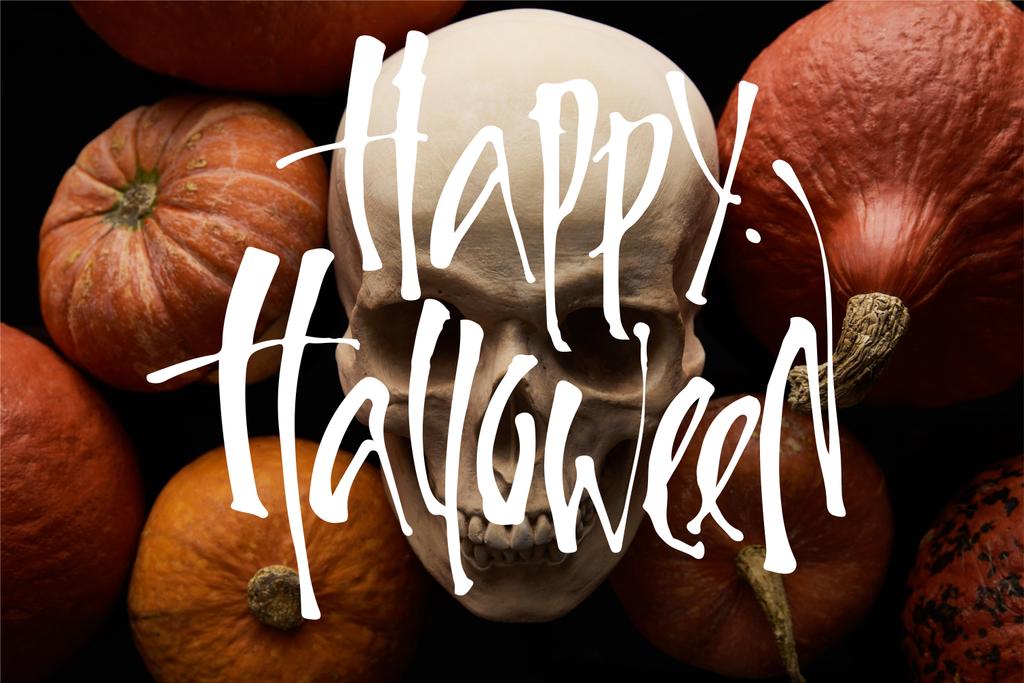 гарбузи і череп на чорному тлі з щасливою ілюстрацією Хеллоуїна
 - Фото, зображення