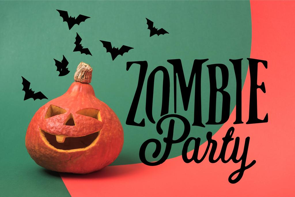 abóbora assustador Halloween no fundo vermelho e verde com festa zumbi e morcegos ilustração
 - Foto, Imagem