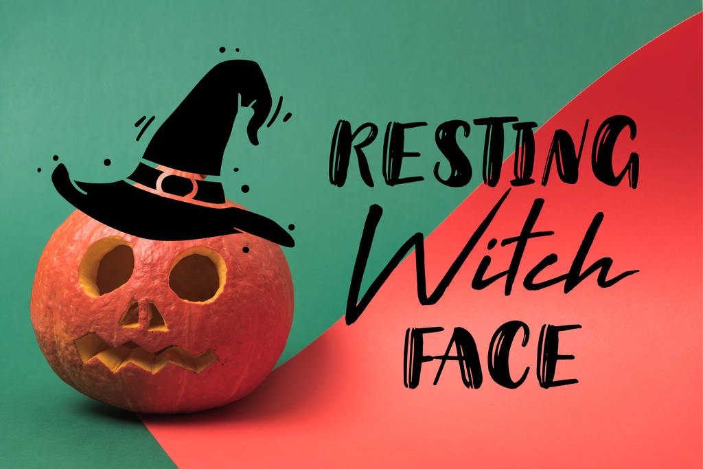 abóbora assustador Halloween no fundo vermelho e verde com repouso bruxa rosto ilustração
 - Foto, Imagem