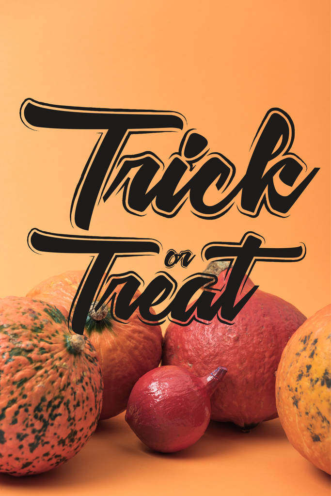 Reifer Halloween-Kürbis auf orangefarbenem Hintergrund mit Trick oder Leckerbissen - Foto, Bild