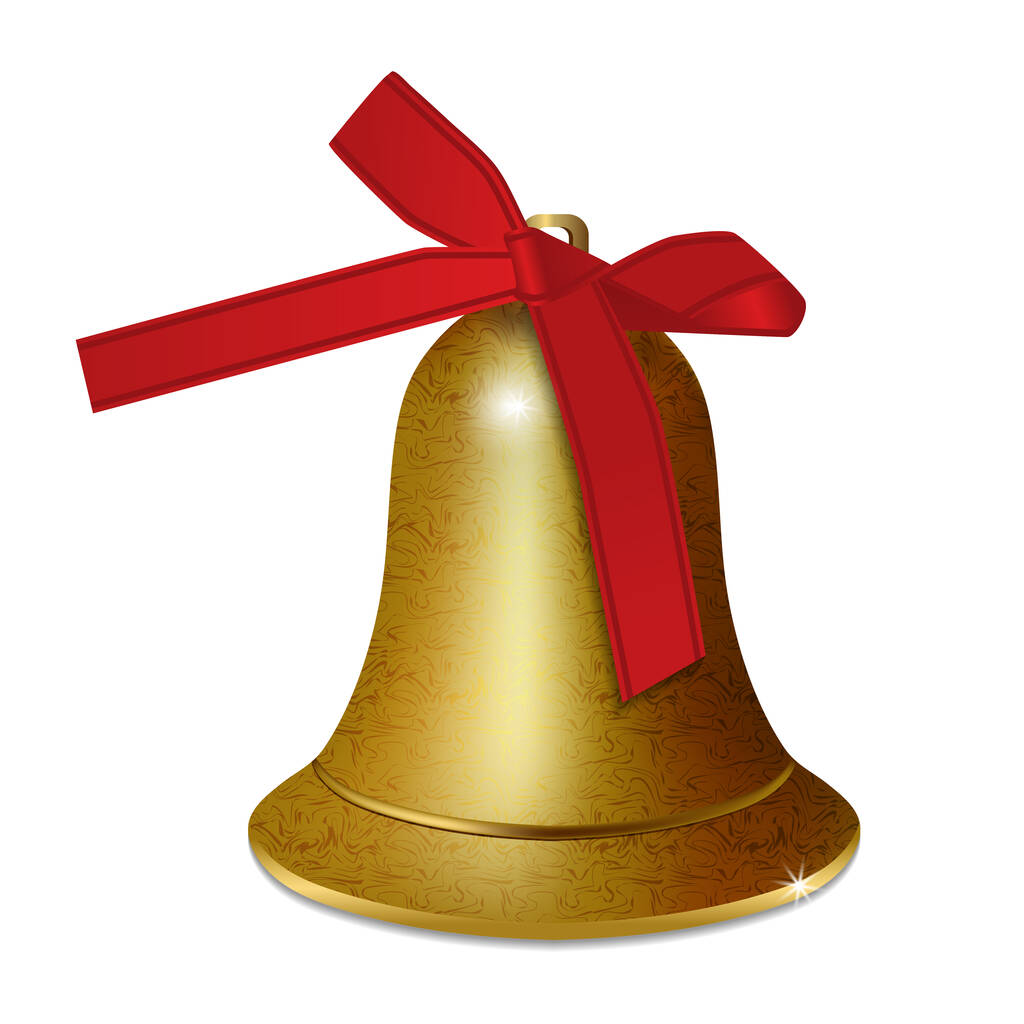 Колокольчик с красной лентой на белом фоне. Золотой элемент украшения на Рождество и Новый год. Вектор
 - Вектор,изображение