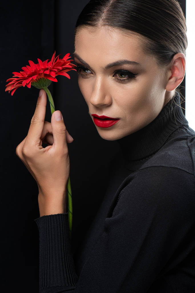 hermosa mujer con labios rojos sosteniendo gerberas rojas aisladas en blanco y negro
 - Foto, Imagen