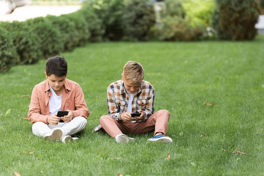 two concentrated brothers sitting on green lawn and using smartphones - Photo, Image