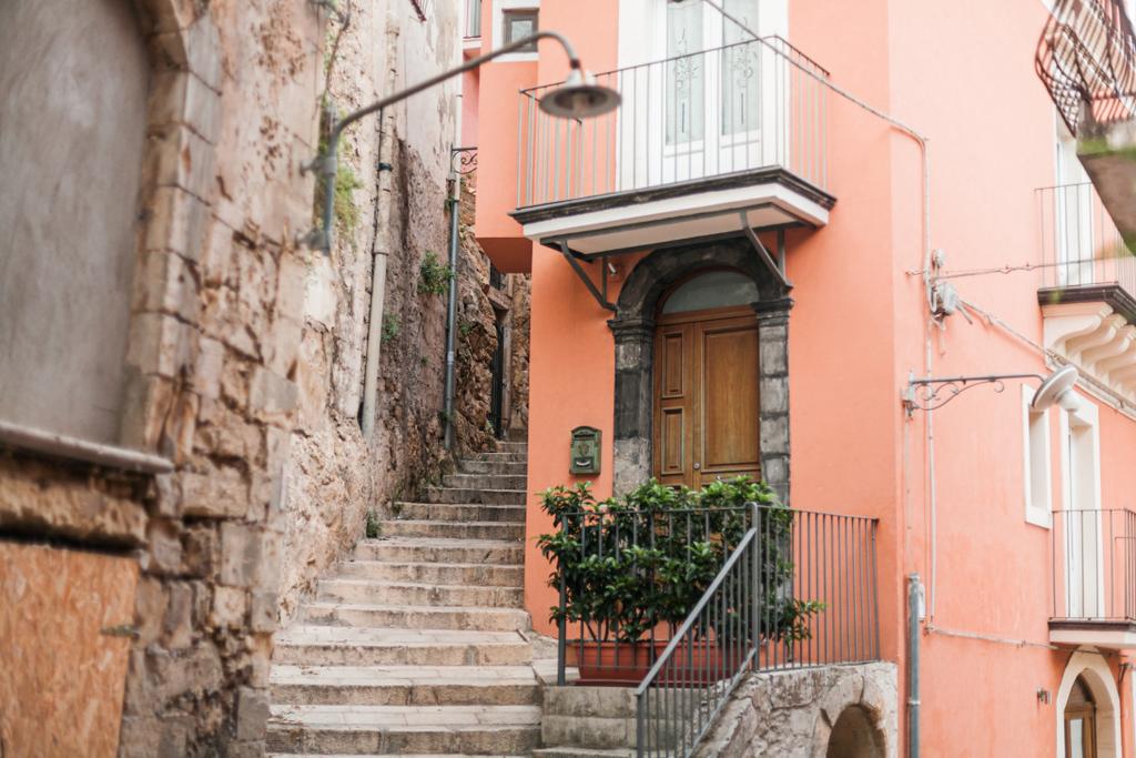 selective focus of stairs near small house in ragusa, italy  - Photo, Image