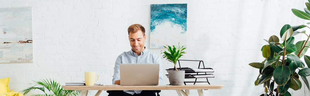 Freelancer sonriente usando portátil en el escritorio en la sala de estar, plano panorámico
 - Foto, imagen